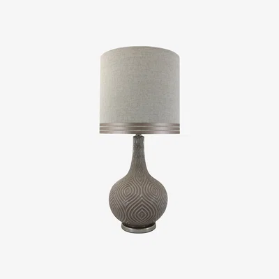 Teddy Beau Deco Home Taupe Round Statement Lamp With Natural Stripe Linen Shade