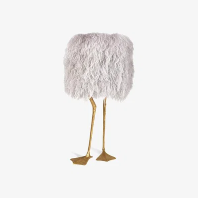 Tobias Oliver Porta Romana I Ostrich Feather Duck Feet Lamp With Decayed gold Feet And Warm Grey Satin Lining