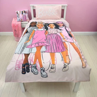 Dunelm Barbie Figures Duvet Cover & Pillowcase Set, Single Pink