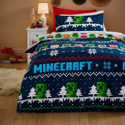 Dunelm Minecraft Christmas Duvet Cover & Pillowcase Set, Single Blue