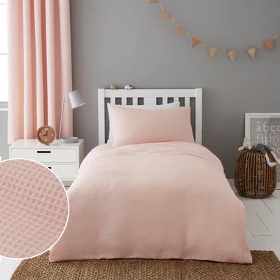 Dunelm Mini Waffle Shell Pink 100% Cotton Duvet Cover and Pillowcase Set Pink