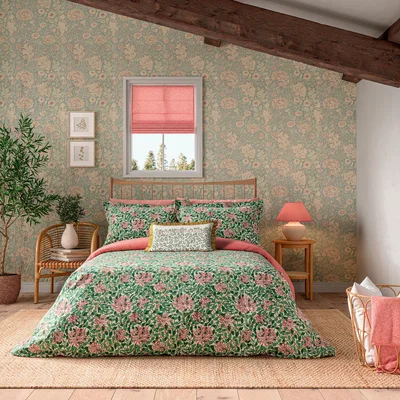Downtown Morris and Co Honeysuckle Evergreen Duvet Cover Set - Single In GreenPink