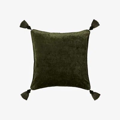 OKA OKA, Textured Linen Velvet Pillow Cover with Tassels - Spruce, Cushion Covers, Velvet, Plain