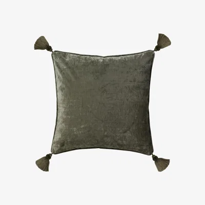 OKA Textured Linen Velvet Pillow Cover with Tassels - Lichen