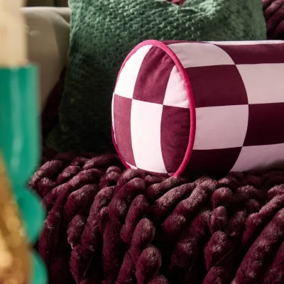 The Range OHS Check Print Bolster Pillow - Pink/Burgundy
