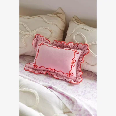 Urban Outfitters Lacey Bow Velvet Pillow - Pink ALL at Urban Outfitters