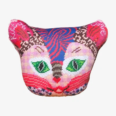 Wolf & Badger Pink / Purple Organic Cotton Sateen "Kitty Love" Sculpted Cat Pillow Mommani Threads
