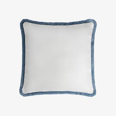Wolf & Badger Happy Linen Pillow White With Light Blue Fringes Lo Decor