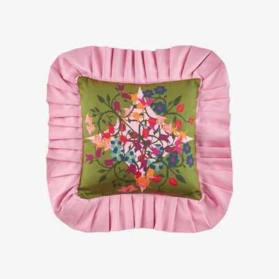 Wolf & Badger Green / Pink / Purple Ruffled Pillow Cover In Blumen Green Sophie Williamson Design