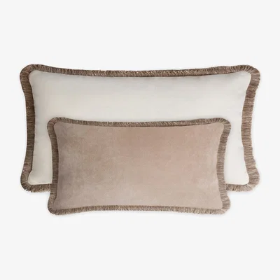 Wolf & Badger Neutrals Couple Happy Pillow Rectangle Beige And White Velvet With Fringes Lo Decor