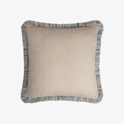 Wolf & Badger Neutrals Capri Linen Pillow Beige With Multicolor Fringes Lo Decor