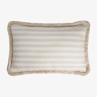 Wolf & Badger Neutrals Happy Linen Pillow Striped White Beige With Beige Fringes Lo Decor