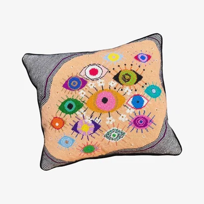 Wolf & Badger Hand-Embroidered Needlepoint "Idoleyes" Feather Down Pillow, Original, One Of A Kind Mommani Threads