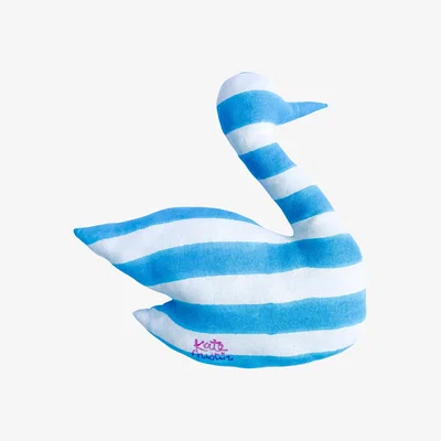 Wolf & Badger Blue / White Soft Plush Organic Cotton Swan Pillow With Cotton Stuffing In Cyan And White Cabana Stripe Block Print One Size Kate Austin Designs