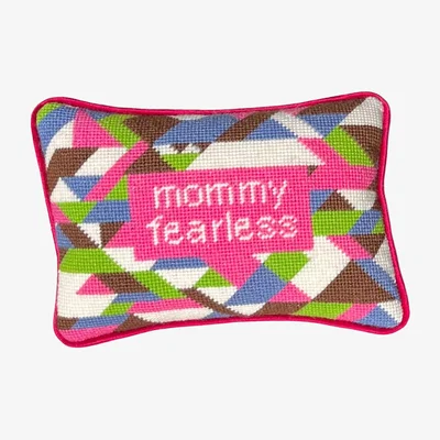 Wolf & Badger Needlepoint "Mommy Fearless" Hand-Embroidered Pillow, Original Mommani Threads