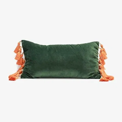 Wolf & Badger Forest Green Velvet Lumbar Pillow Featuring Orange Tassel Fringe Smithhönig