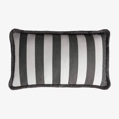 Wolf & Badger Grey Striped Happy Pillow Outdoor - White And Carbon - Fringes - Water Repellent Lo Decor
