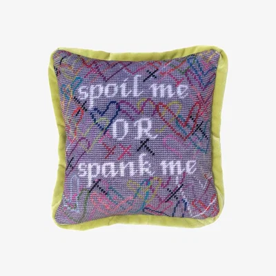 Wolf & Badger Hand-Embroidered "Spoil Me Or Spank Me" Needlepoint Pillow, One Of A Kind Mommani Threads