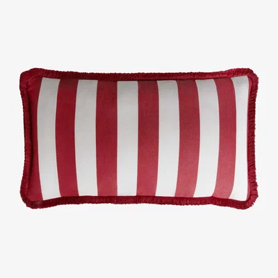Wolf & Badger Striped Happy Pillow Outdoor - White And Red - Fringes - Water Repellent Lo Decor