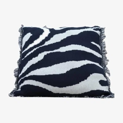 Wolf & Badger Blue Zebra Organic Cotton Knitwear Throw Tasseled Pillow Case - Navy/White One Size Peraluna