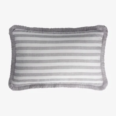 Wolf & Badger Happy Linen Pillow Striped White Grey With Grey Fringes Lo Decor
