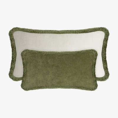 Wolf & Badger Couple Happy Pillow Green - White Velvet With Fringes Lo Decor