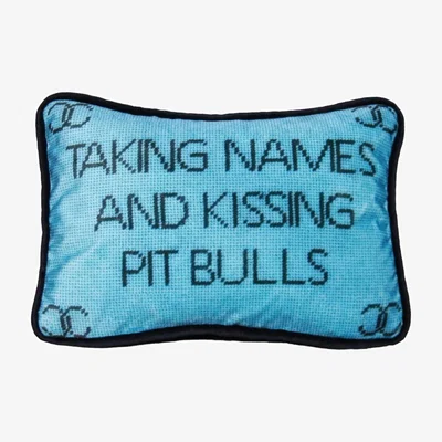 Wolf & Badger Blue Velvet "Taking Names And Kissing Pit Bulls" Down Pillow Mommani Threads