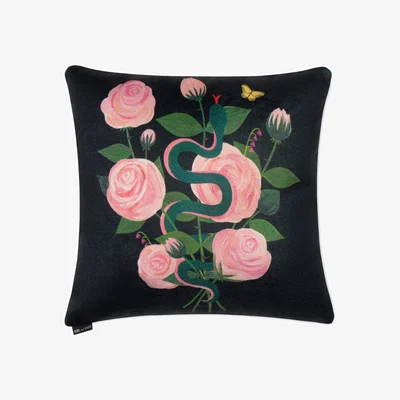 Wolf & Badger Black Eternally Fierce Pillow Sixteen Inch Square - Midnight Girl W/ Knife