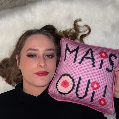 Wolf & Badger Pink / Purple Organic Cotton Sateen "Mais Oui!" Pillow Mommani Threads