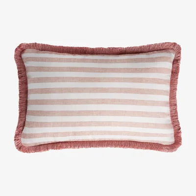 Wolf & Badger Pink / Purple Happy Linen Pillow Striped White Light Pink With Light Pink Fringes Lo Decor