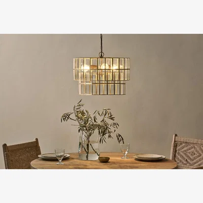 Nkuku nkuku Kirindi Glass Panelled Chandelier | Lights | Clear/Antique Brass