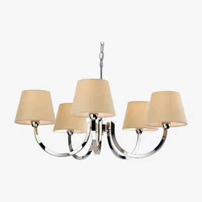 The Range Fairmont 5 Light Multi Arm Chandelier Polished Stainless Steel, Cream Linen - Cream Linen Shade