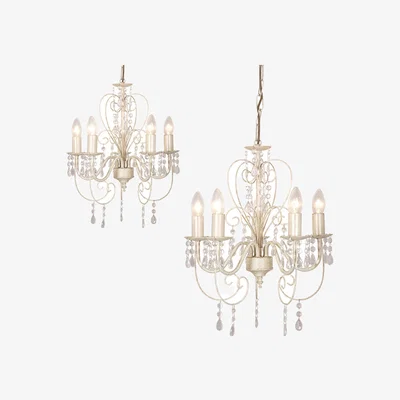 The Range Pair Of Distressed Shabby Chic 5 Way White Pendant Ceiling Lights Chandeliers - White