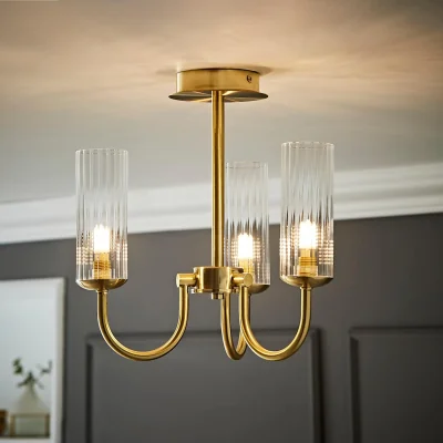 The Range Canya 3 Way Chandelier Ceiling Light with Ribbed Shades - Brushed Gold / 1.1kg