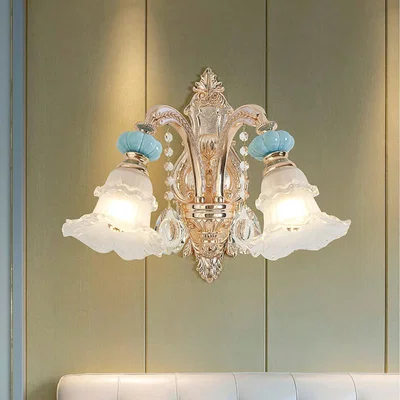 The Range Chandelier Geniune K9 Crystal Blue Ceramic Gold Metal Arms Pendant Ceiling Lamp - Blue / 40cm