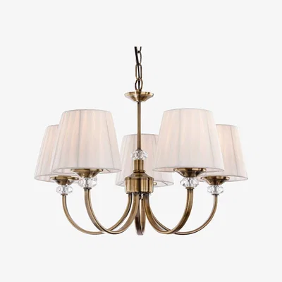 The Range Langham 5 Light Multi Arm Chandelier Antique Brass, Pleated Cream Shades, E14 - Antique Brass/ Pleated Cream Shades