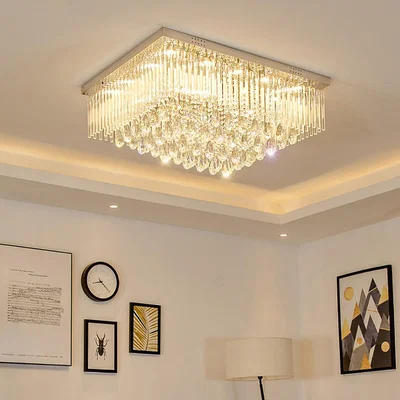 The Range Modern Crystal LED Square or Rectangular Flush Ceiling Light Chandelier - Chrome / 27W / Rectangle