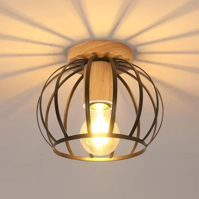 The Range Industrial Ceiling Light Chandelier Light Fixture Wooden Base and Black Metal