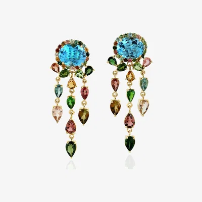 Wolf & Badger Women's Yellow Gold Rainbow Tourmaline & Blue Topaz Gemstone Chandelier Earrings | Artisan