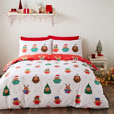 Dunelm Catherine Lansfield Party Robins Duvet Cover and Pillowcase Set White