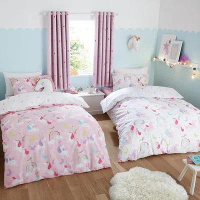 Dunelm Unicorn Stars Duvet Cover and Pillowcase Twin Pack Set Pink/Blue/White