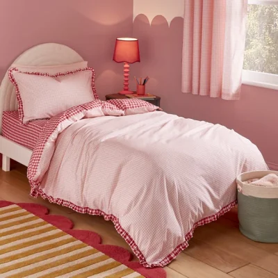 Dunelm Pink Gingham Frill Quilt Cover and Pillowcase Set
