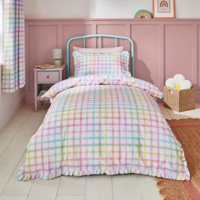 Dunelm Rainbow Frilled Checked Quilt Cover Set