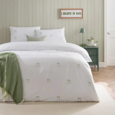 Dunelm Green Bows Embroidery Quilt Cover and Pillowcase Set