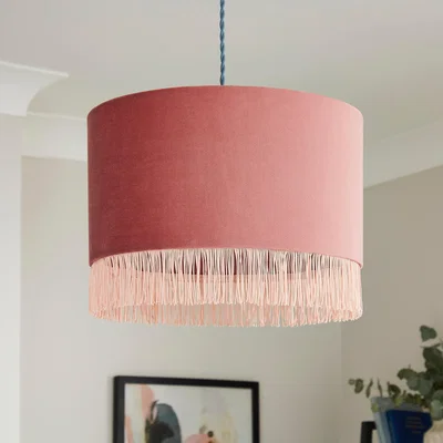 Dunelm Fringed Velvet Drum Lamp Shade Pink