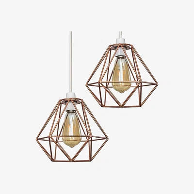 The Range Pair Of Modern Geometric Copper Metal Basket Cage Ceiling Pendant Light Shades - Copper