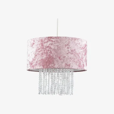 The Range Pink Velvet Cylinder Ceiling Pendant Light Shade With Clear Acrylic Droplets - Pink