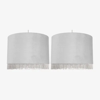The Range Set Of 2 Fringed Easy Fit Fabric Pendant Shades - Silver Velvet