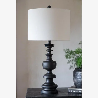 Rockett St George Black Turned Wood Table Lamp With Linen Lamp Shade