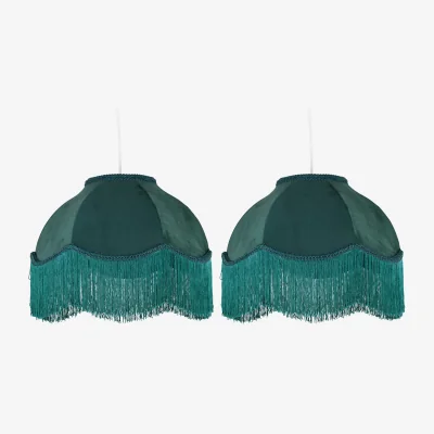 The Range Set Of 2 Fringe Dark Green Velvet Fringed Pendant Or Lamp Shades - Dark Green